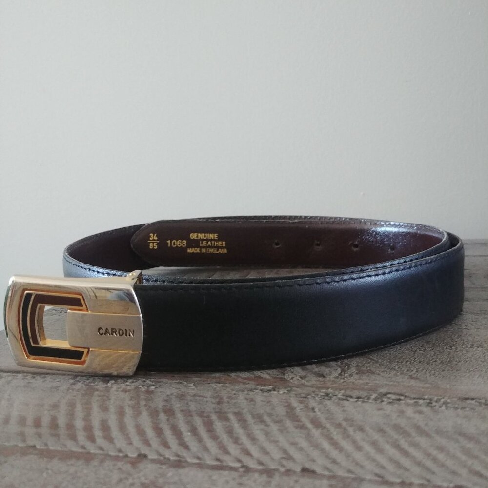 Vintage Pierre Cardin made in England genuine leather black belt post bu…
